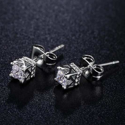 Timeless Silver Square Crystal & Crown Design Earrings-Ariette Jewelry