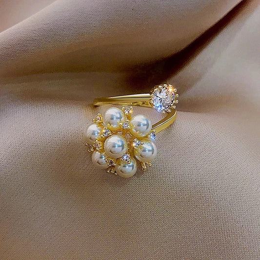 Vintage Pearl & Crystal Flower Adjustable Ring-Ariette Jewelry