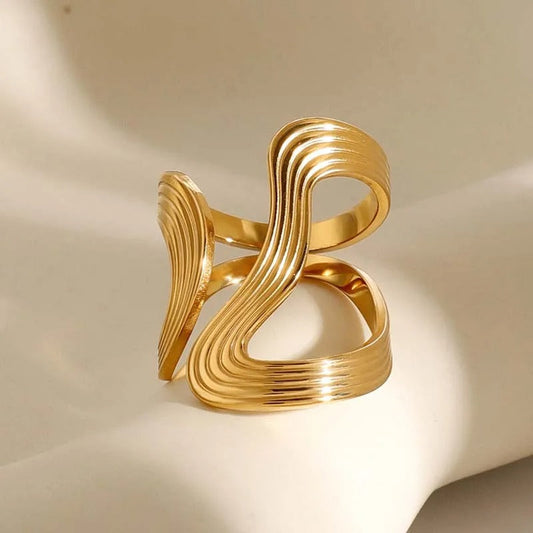 Gold Wavy Design Unique Adjustable Ring-Ariette Jewelry