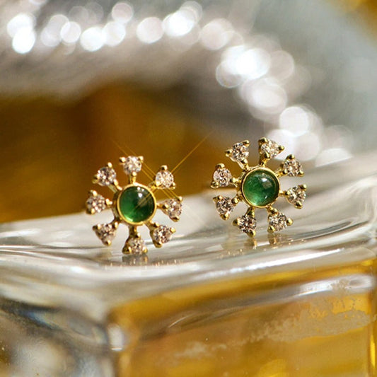 Vintage Gold Green Stone & Crystal Earrings-Ariette Jewelry