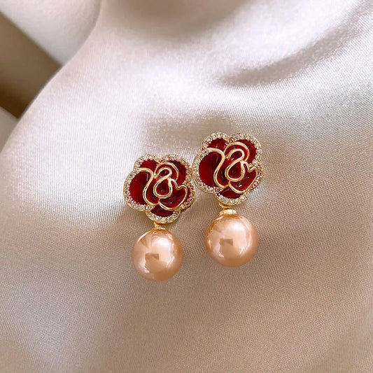 Red Camellia Champagne Pearl Pendant Earrings-Ariette Jewelry