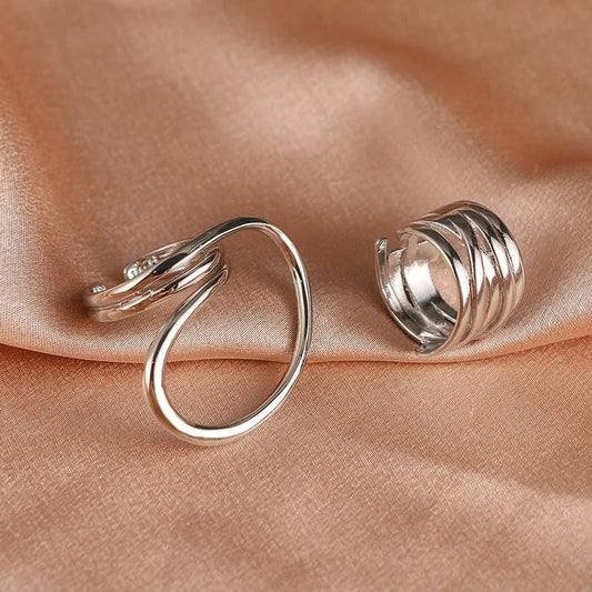Classic Silver Twisted Swirl & Layered Adjustable Ring Set-Ariette Jewelry