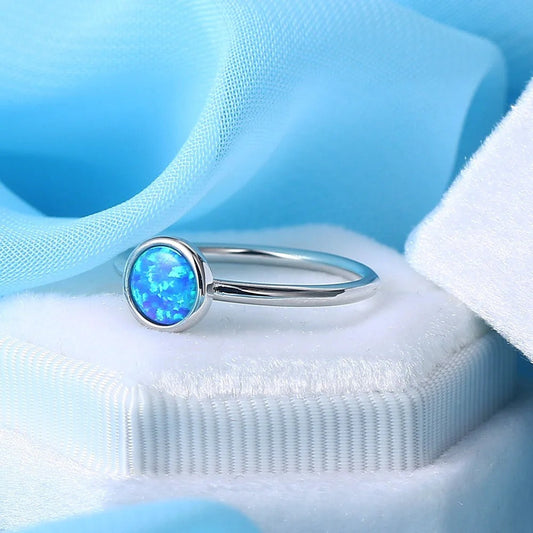 Silver Round Blue Opal Gem Ring-Ariette Jewelry
