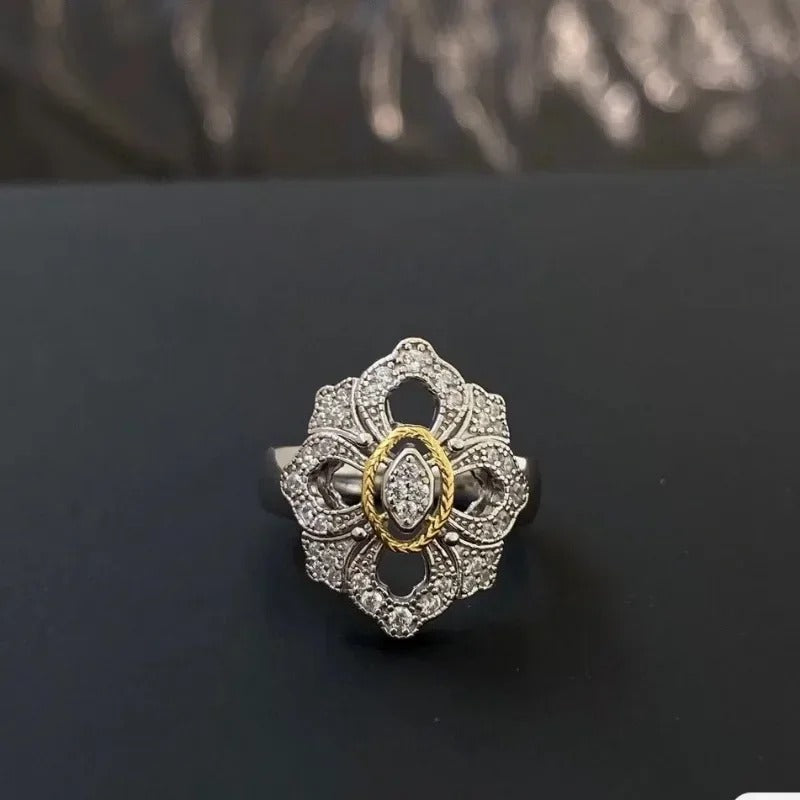 Vintage Gold & Silver Floral Diamond Adjustable Ring-Ariette Jewelry