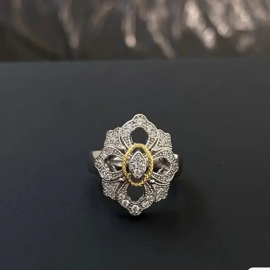 Vintage Gold & Silver Floral Diamond Adjustable Ring-Ariette Jewelry