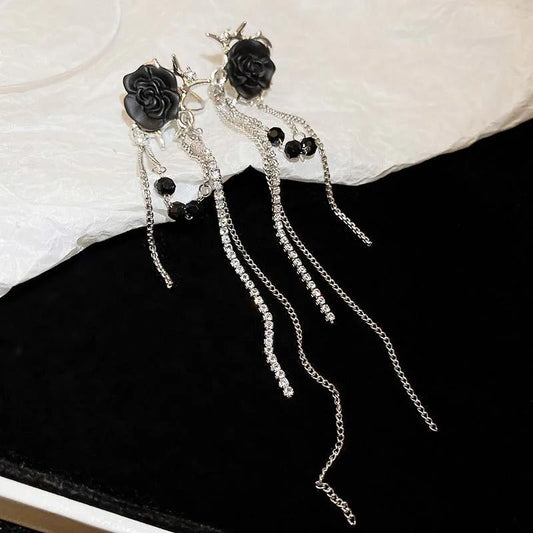 Silver Black Rose & Hanging Crystal Chains Earrings-Ariette Jewelry