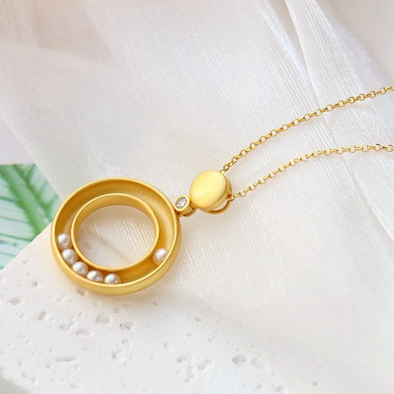 Classic Gold Matte Pearl & Circle Design Pendant Necklace-Ariette Jewelry