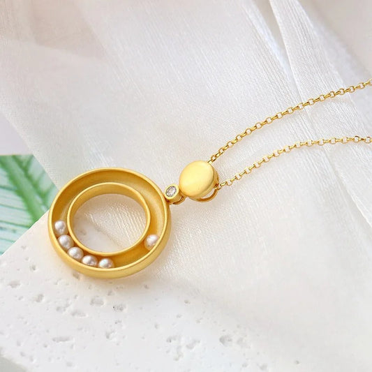 Classic Gold Matte Pearl & Circle Design Pendant Necklace-Ariette Jewelry