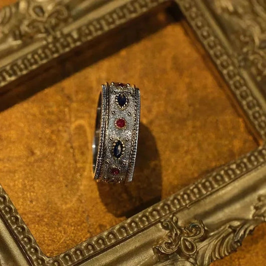 Vintage Silver Palace Style Inlaid Red & Blue Crystal Ring-Ariette Jewelry