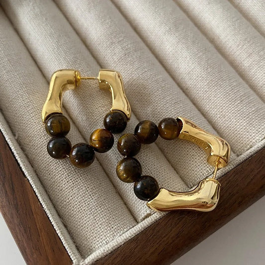 Vintage Gold & Tiger Eye Beaded Hoop Earrings-Ariette Jewelry