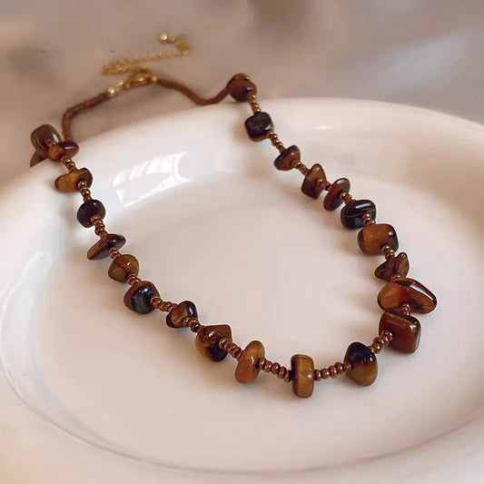 Vintage Brown Tiger Eye Stone Necklace-Ariette Jewelry