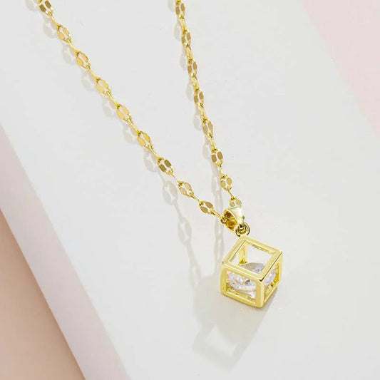 Vintage Gold Crystal-Clear Cube Pendant Necklace-Ariette Jewelry