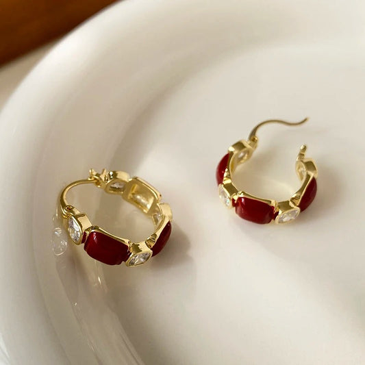 Vintage Gold & Red Stone Hoop Earrings-Ariette Jewelry