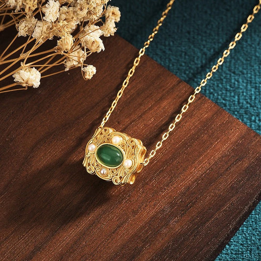 Vintage Gold Green Gem & Pearl Square Pendant Necklace-Ariette Jewelry
