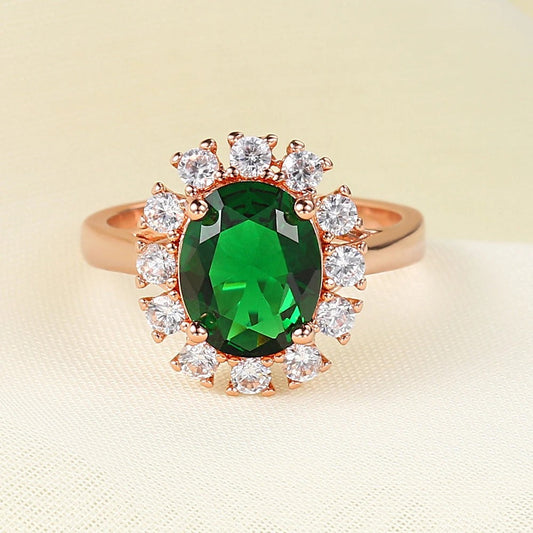Classic Rose Gold Oval Green Stone & Brilliant Paved Halo Ring-Ariette Jewelry