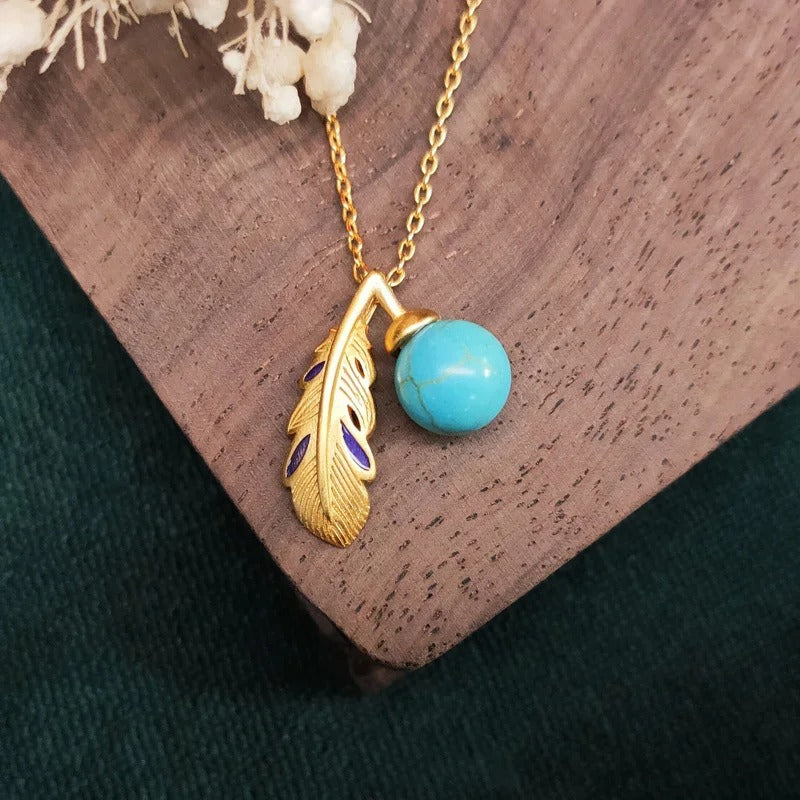 Vintage Gold Turquoise Bead Feather Pendant Necklace-Ariette Jewelry