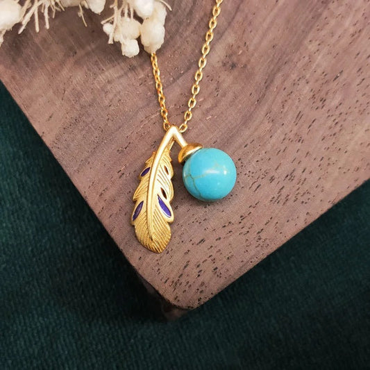 Vintage Gold Turquoise Bead Feather Pendant Necklace-Ariette Jewelry