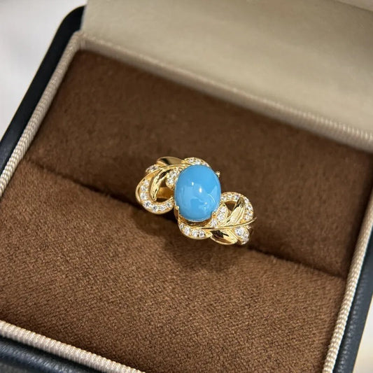 Retro Gold & Blue Stone Leaf Design Ring-Ariette Jewelry