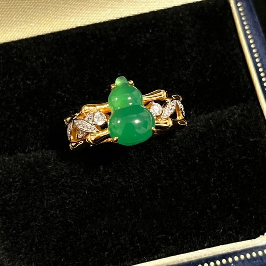 Vintage Green Bamboo Knot Gourd & Diamond Gold Adjustable Ring-Ariette Jewelry