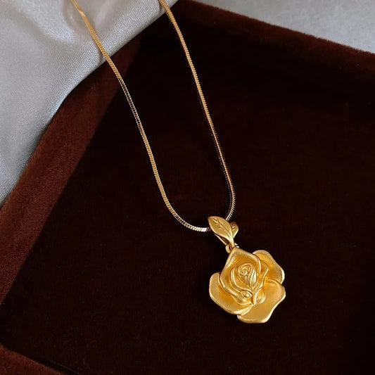 Vintage Gold Rose Pendant Necklace-Ariette Jewelry