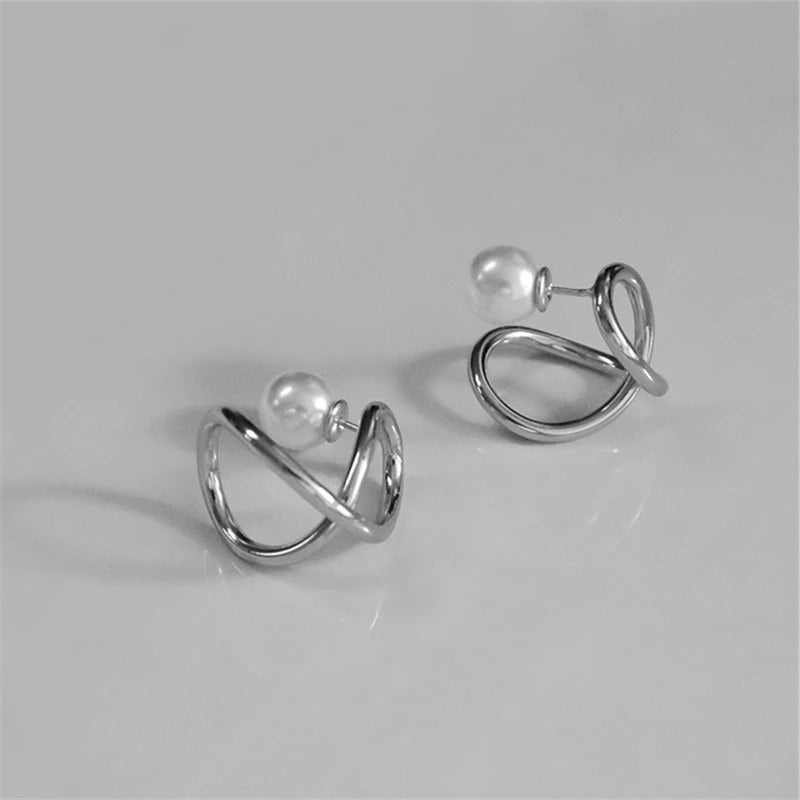 Classic Pearl Twisted Hoop Silver Band Earrings-Ariette Jewelry