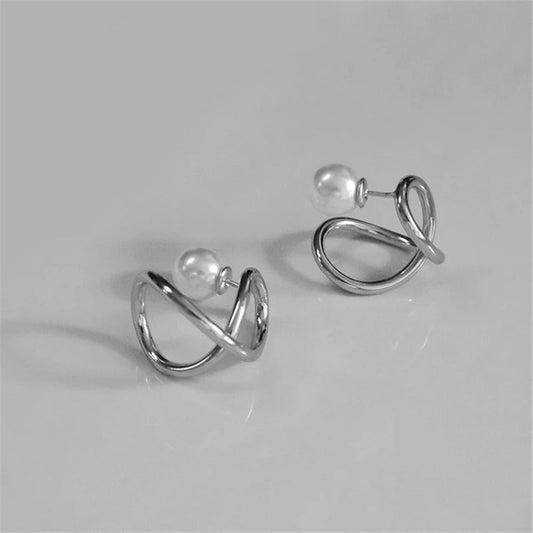 Classic Pearl Twisted Hoop Silver Band Earrings-Ariette Jewelry