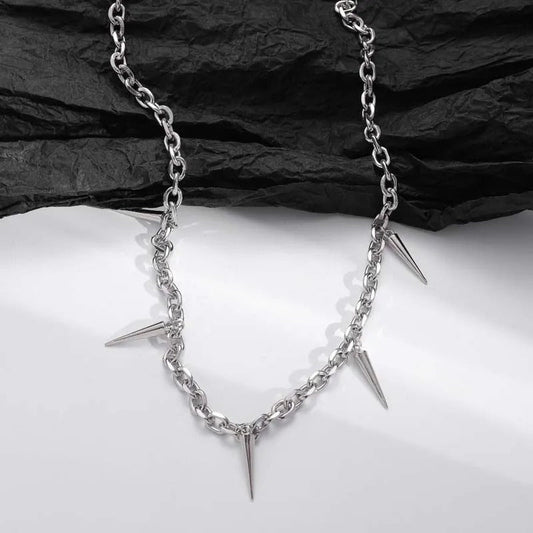 Silver Spiked Pendant & Chain Design Necklace-Ariette Jewelry