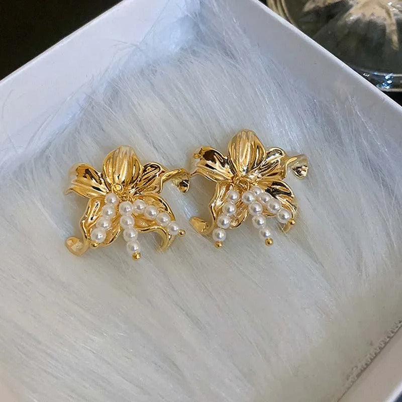 Vintage Gold Floral Pearl Cluster Stud Earrings-Ariette Jewelry