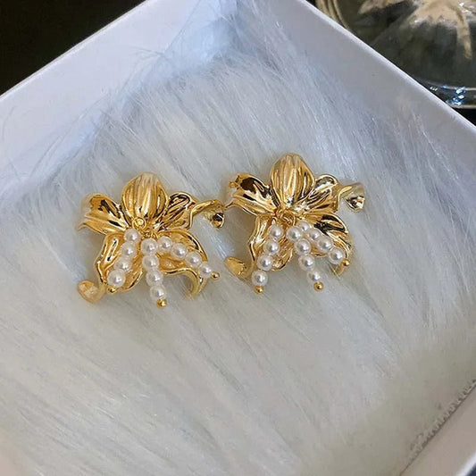 Vintage Gold Floral Pearl Cluster Stud Earrings-Ariette Jewelry