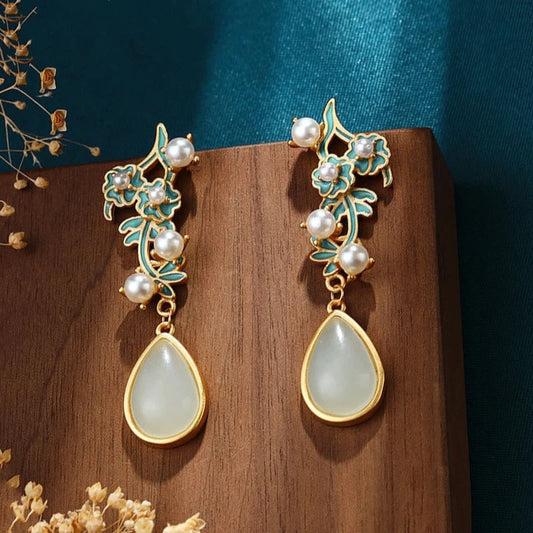 Classic Gold & Green Floral Inlaid Pearl Jade Water Drop Earrings-Ariette Jewelry