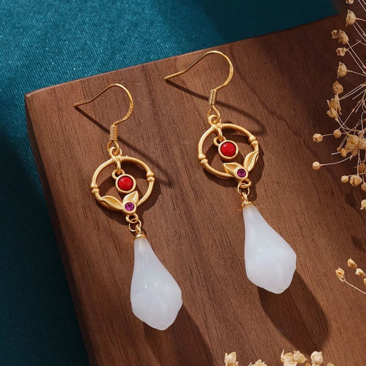 Vintage Gold Circle Red Teardrop Charm Earrings-Ariette Jewelry