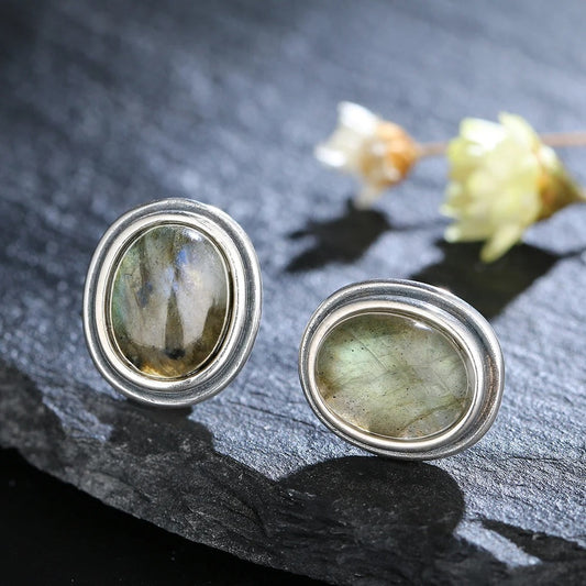 Vintage Silver Labradorite Stud Earrings-Ariette Jewelry