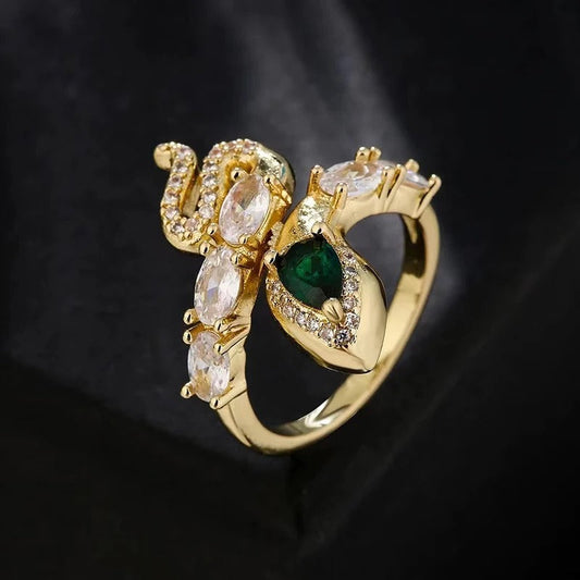 Classic Green Zircon Snake Shaped Adjustable Ring-Ariette Jewelry