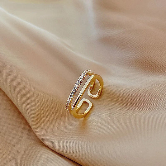 Gold Double Band & Crystal Adjustable Ring-Ariette Jewelry