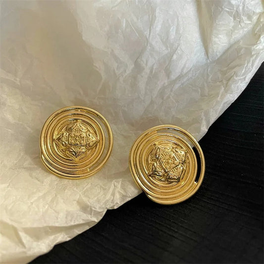Gold Spiral Circular Stud Vintage Earrings-Ariette Jewelry