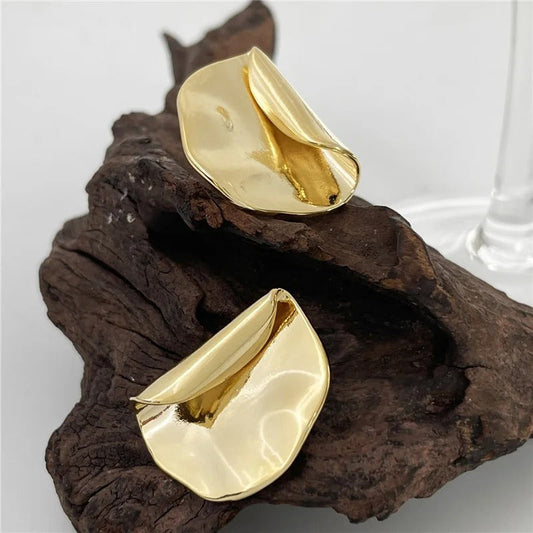 Classic Gold Wavy Folded Ruffle Stud Earrings-Ariette Jewelry