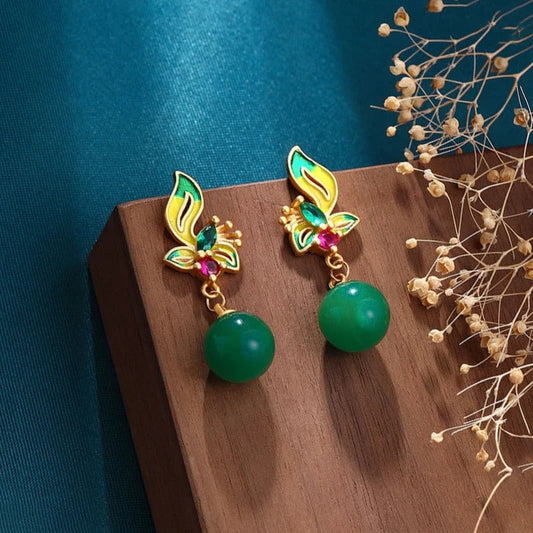 Classic Gold Green Bead & Floral Enamel Dangle Earrings-Ariette Jewelry