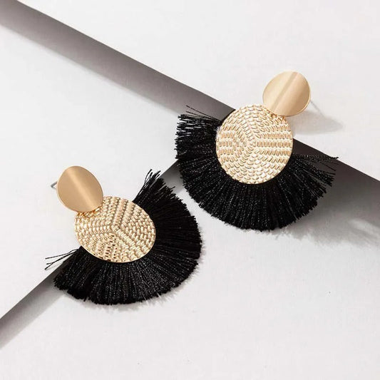 Vintage Gold & Black Fringe Textured Disc Dangle Earrings-Ariette Jewelry