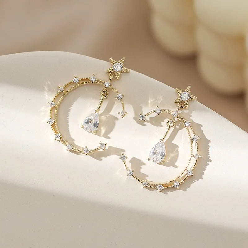 Vintage Gold Crystal Crescent & Star Earrings-Ariette Jewelry