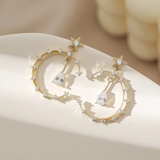 Vintage Gold Crystal Crescent & Star Earrings-Ariette Jewelry