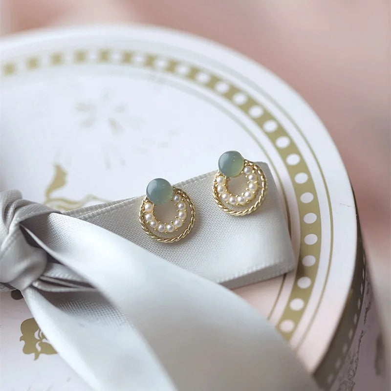 Vintage Gold Green Stone Pearl Earrings-Ariette Jewelry