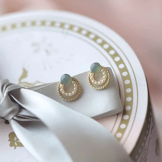 Vintage Gold Green Stone Pearl Earrings-Ariette Jewelry