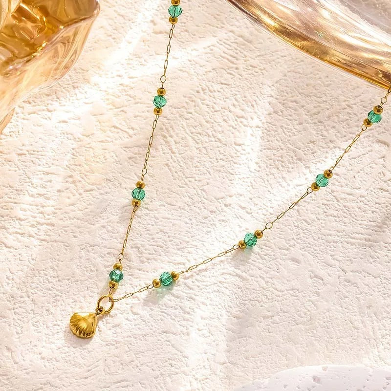 Gold Green Crystal & Sea Shell Charm Necklace-Ariette Jewelry