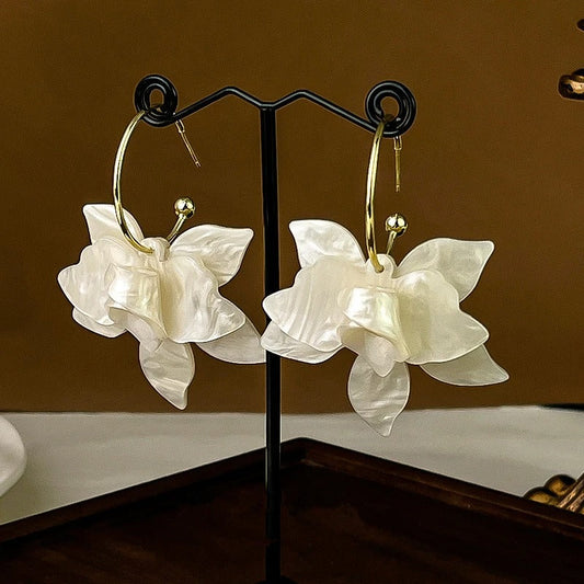 White Flower Hoop Gold Earrings-Ariette Jewelry