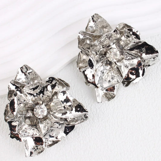 Vintage Silver Big Flower Crystal Earrings-Ariette Jewelry