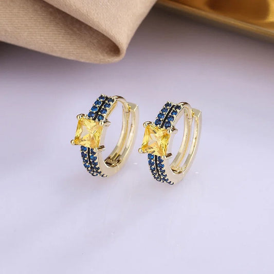 Classic Gold Yellow & Blue Square Gemstone Hoop Earrings-Ariette Jewelry