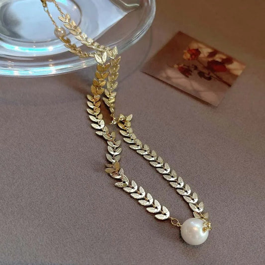 Gold Large Pearl Pendant & Leaf Pattern Necklace-Ariette Jewelry