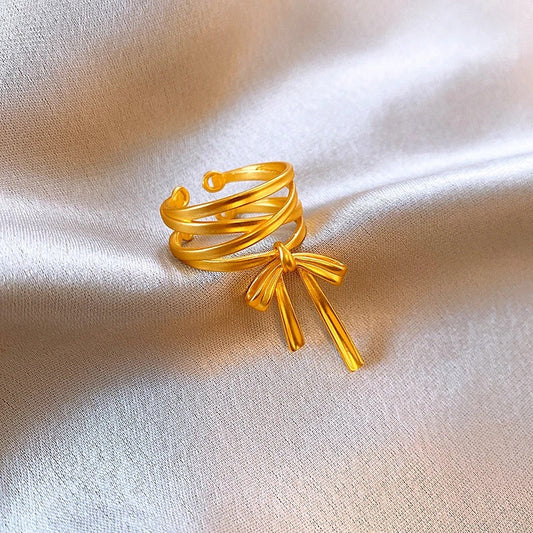 Vintage Gold Ribbon Bow Open Ring-Ariette Jewelry