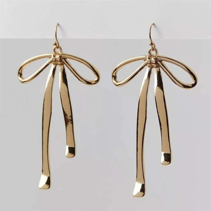 Vintage Gold Bow Long Dangle Earrings-Ariette Jewelry