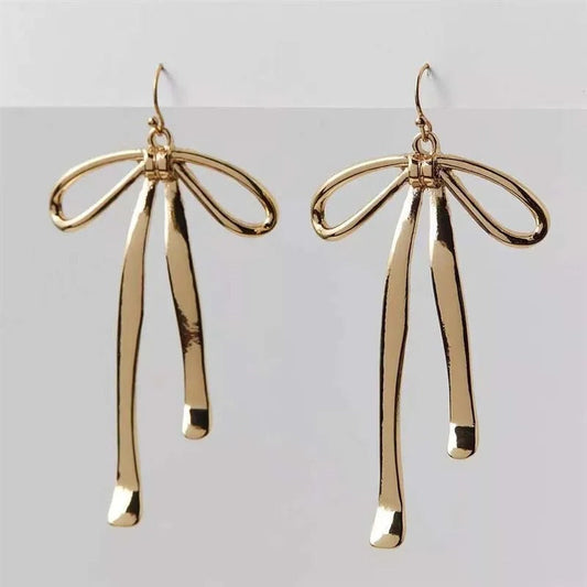 Vintage Gold Bow Long Dangle Earrings-Ariette Jewelry